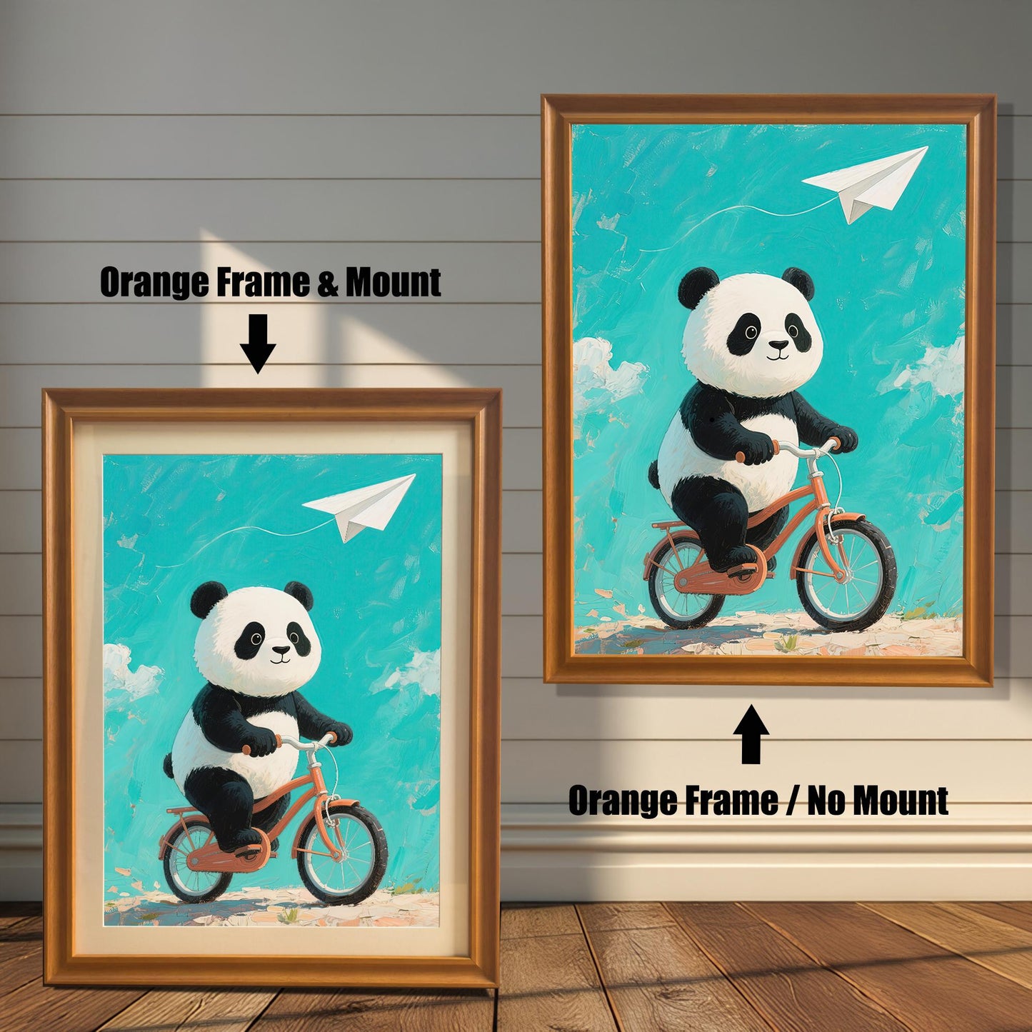 A side-by-side comparison of two framed prints of a panda on a bicycle. One has an orange frame with a mount, and the other has an orange frame without a mount.