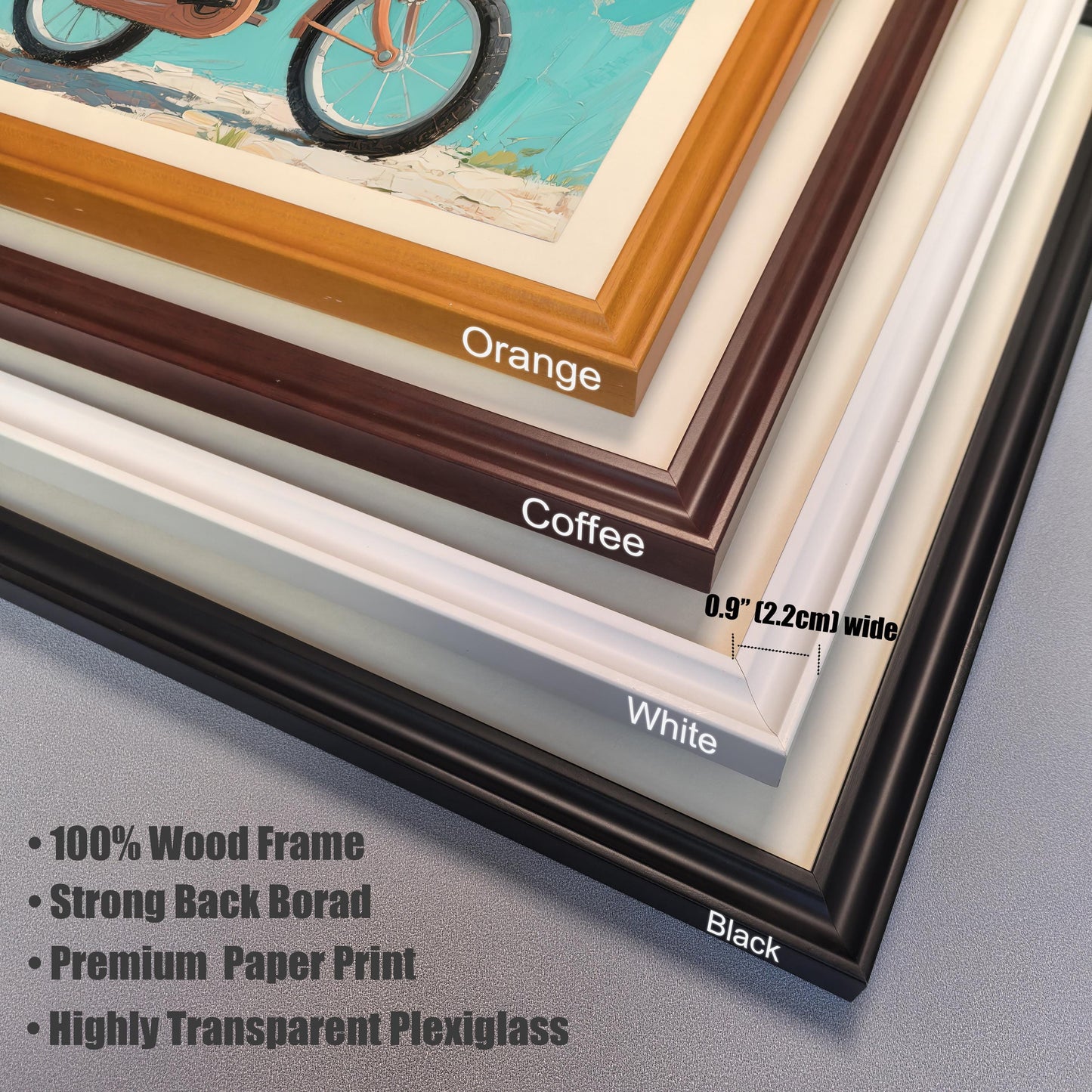 1 (8).jpg: A close-up view of four different frame colors: orange, coffee, white, and black. The frames are layered on top of each other, with a note on the 0.9" (2.2cm) width.