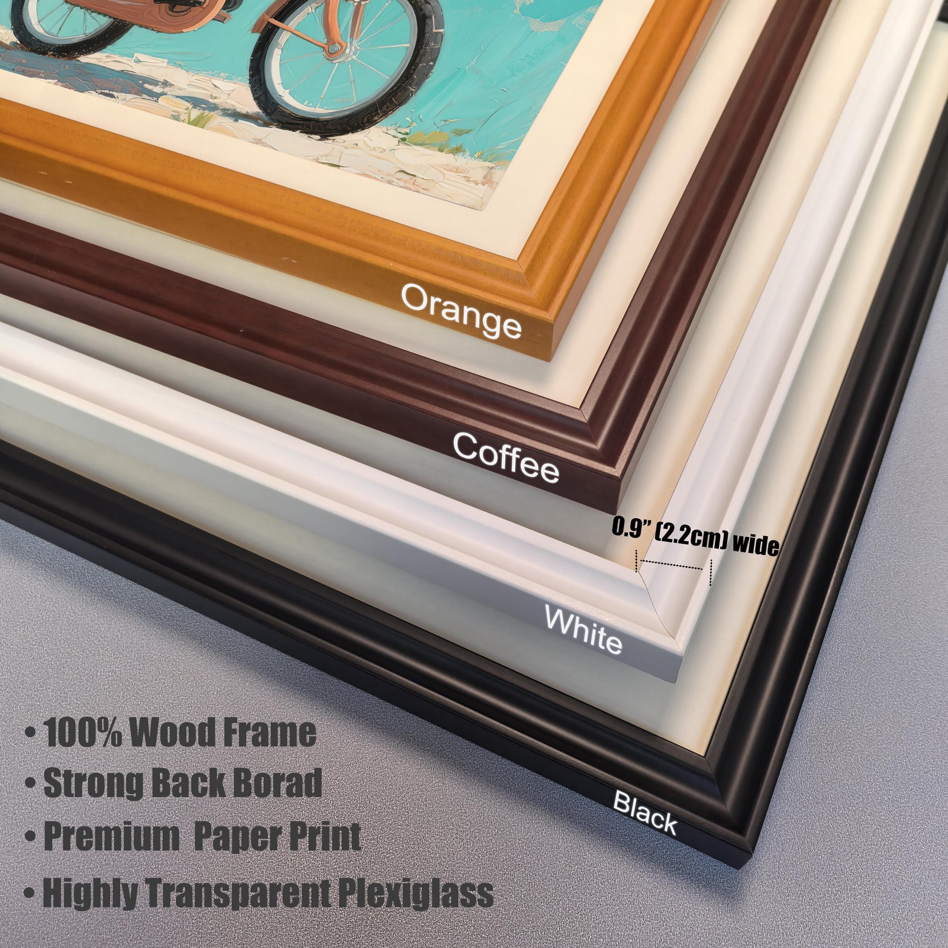 1 (8).jpg: A close-up view of four different frame colors: orange, coffee, white, and black. The frames are layered on top of each other, with a note on the 0.9" (2.2cm) width.
