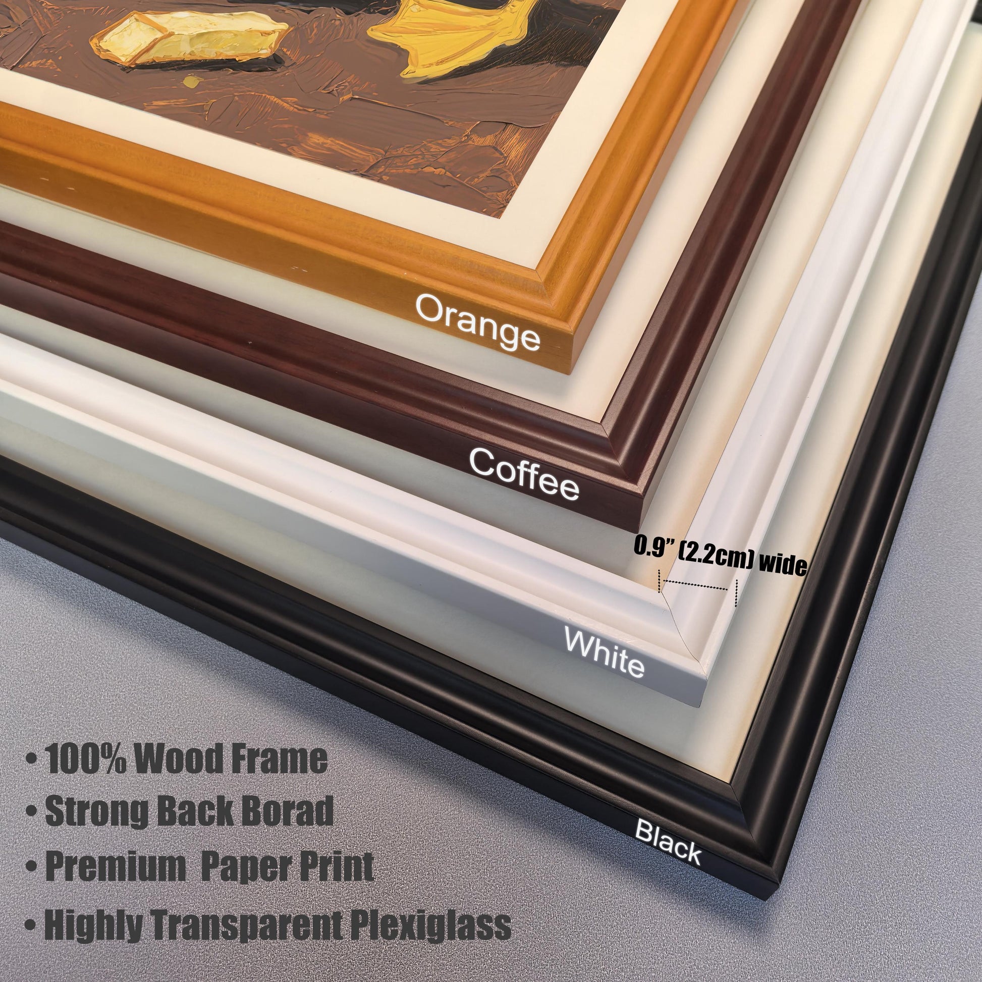 A close-up view of four different frame colors: orange, coffee, white, and black. The frames are layered on top of each other, with a note on the 0.9" (2.2cm) width.