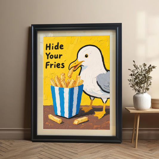 A framed print of a mischievous seagull stealing fries from a blue and white striped box, with "Hide Your Fries" text. The frame is black. The image is a full shot of the framed art.