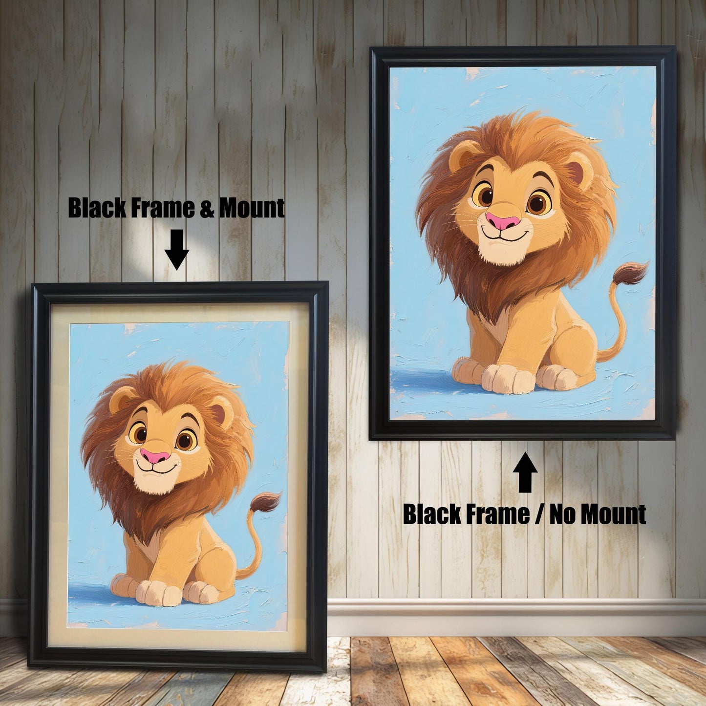 A side-by-side comparison of two framed prints of a baby lion. Both prints have a black frame, but one includes a mount, while the other does not.