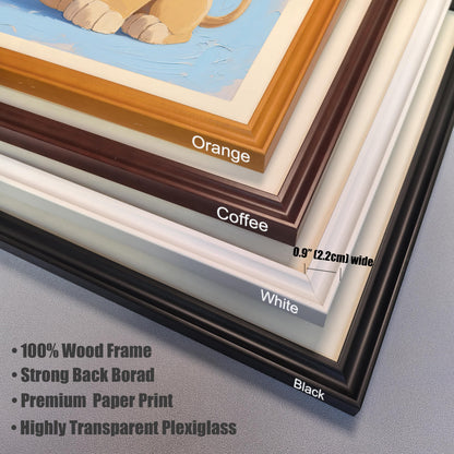 A close-up view of four different frame colors: orange, coffee, white, and black. The frames are layered on top of each other, with a note on the 0.9" (2.2cm) width.