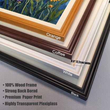 A close-up, stacked view of the different frame colors available: orange, coffee, white, and black. Text highlights the frame width and material.