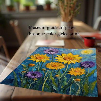 A close-up shot of the floral print lying on a wooden table, with text overlay describing it as a museum-grade art paper and an Epson 12-color giclee print.