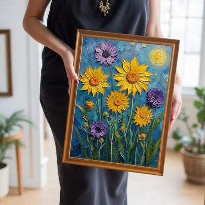 A person in a black dress holds a framed floral print with an orange frame, showcasing the painting's colors and texture.
