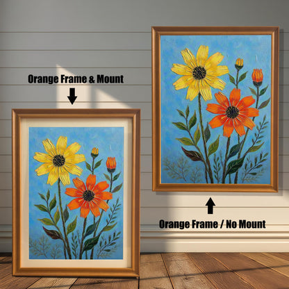 A side-by-side comparison of a floral print. On the left, the print is in an orange frame with a mount. On the right, it's in an orange frame without a mount.