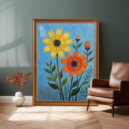 A large, framed print with an orange frame rests on the floor next to a brown leather armchair, featuring a painting of yellow and orange flowers on a blue background.