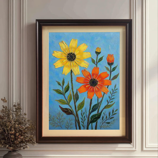A framed print with a coffee-colored frame and mount rests on a wooden floor next to a vase with dried branches, featuring a textured painting of yellow and orange flowers on a blue background.