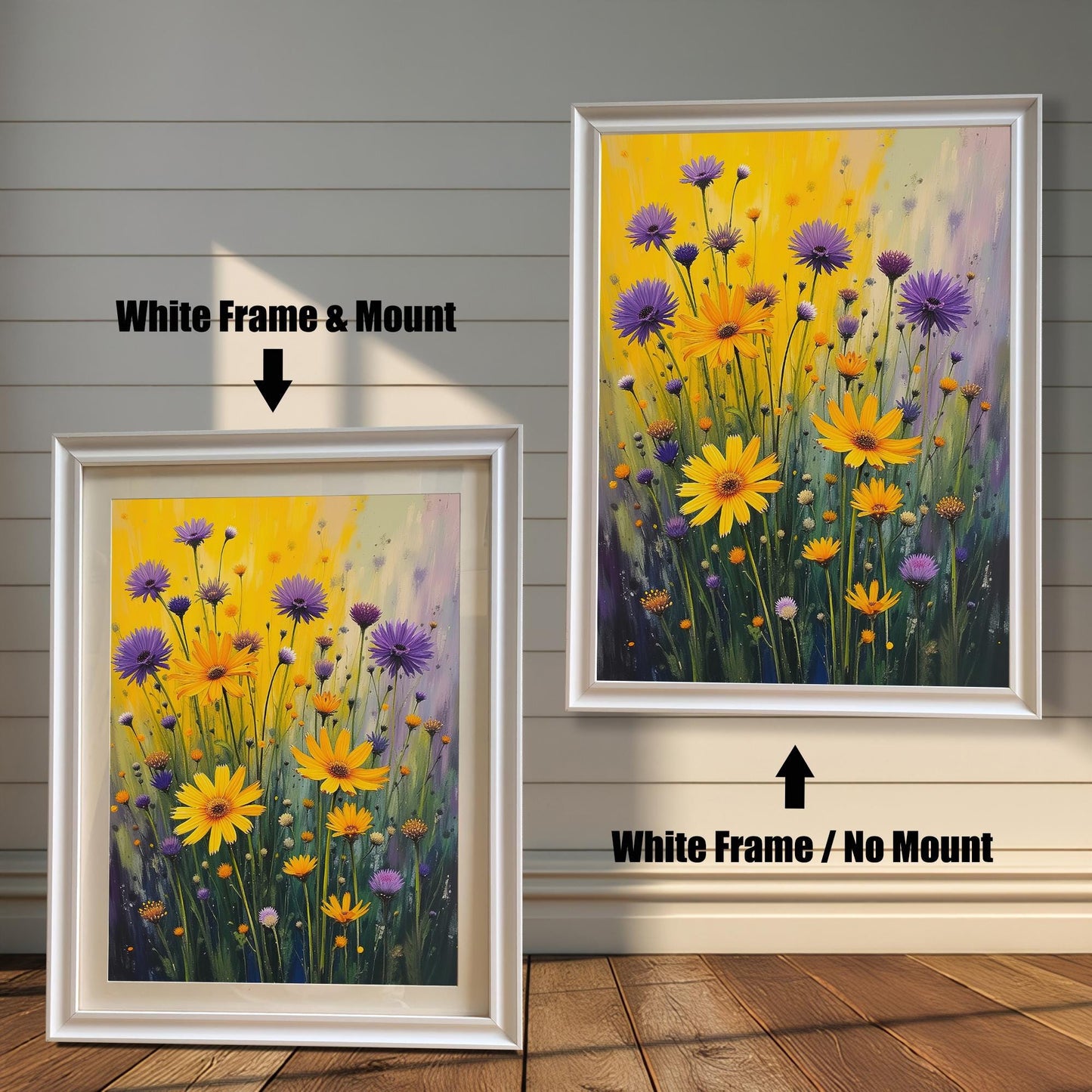 A side-by-side comparison of a floral print. On the left, the print is in a white frame with a mount. On the right, it's in a white frame without a mount.
