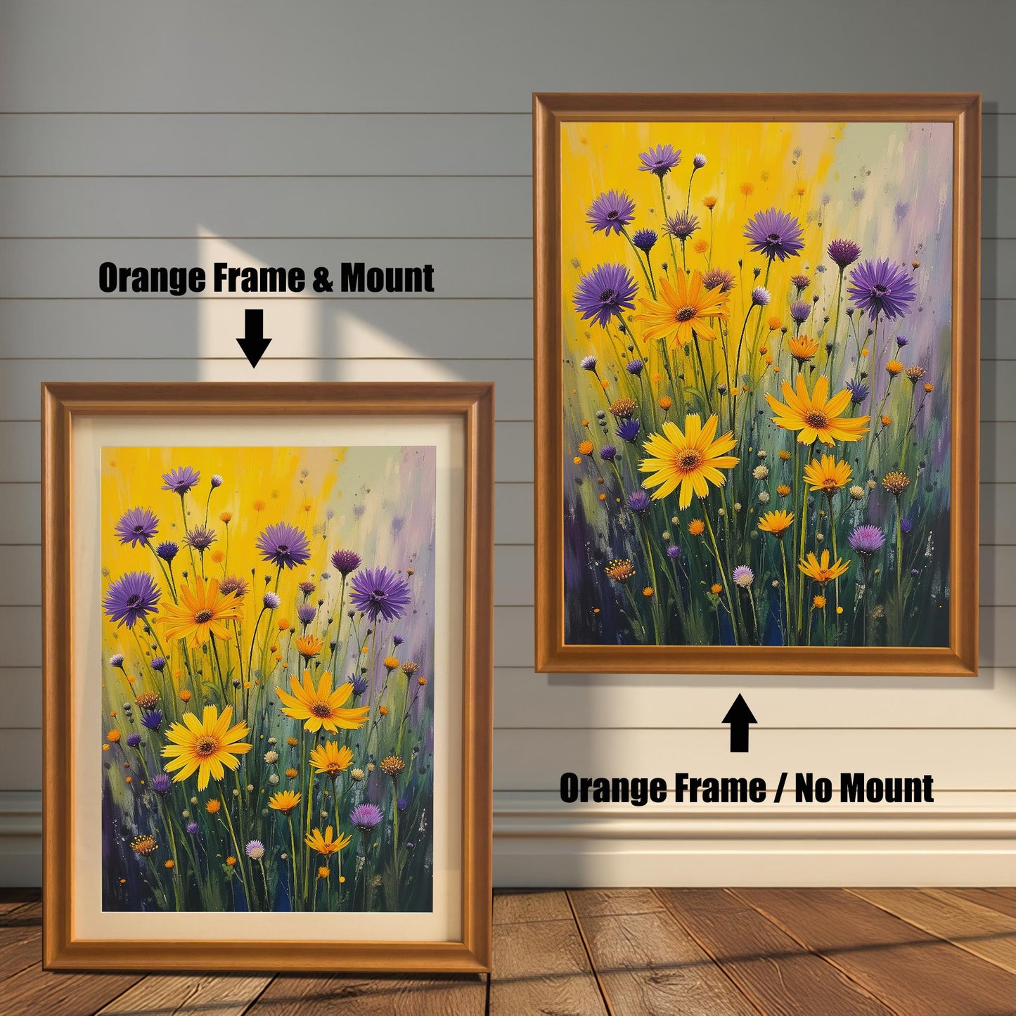 A side-by-side comparison of a floral print. On the left, the print is in an orange frame with a mount. On the right, it's in an orange frame without a mount.