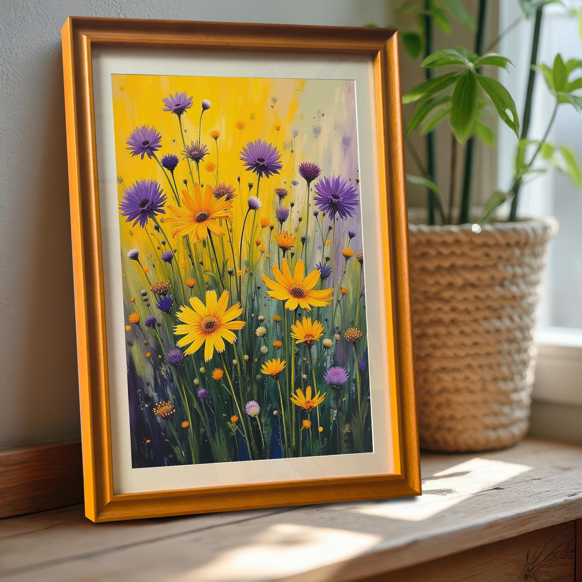 An orange-framed print with a mount leans on a wood windowsill, showcasing a vibrant painting of purple and yellow flowers.