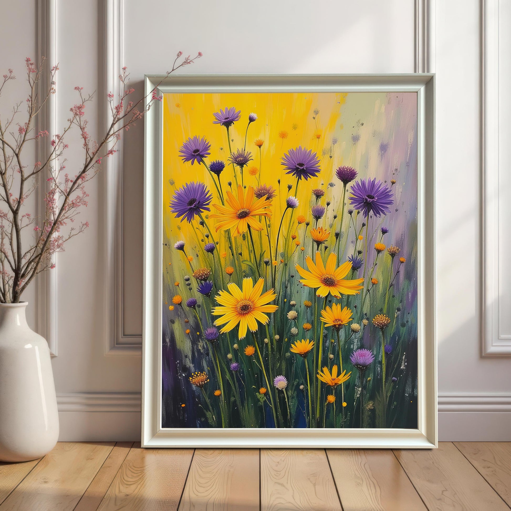 A white-framed print rests on a wooden floor against a white wainscoting wall, next to a vase with dried flowers. The art features purple and yellow flowers.