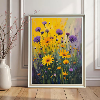 A white-framed print rests on a wooden floor against a white wainscoting wall, next to a vase with dried flowers. The art features purple and yellow flowers.