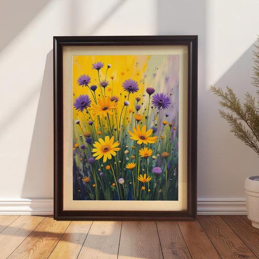 A framed print with a black frame and mount rests on a wooden floor next to a potted plant, featuring a vibrant painting of purple and yellow flowers on a yellow and purple background.