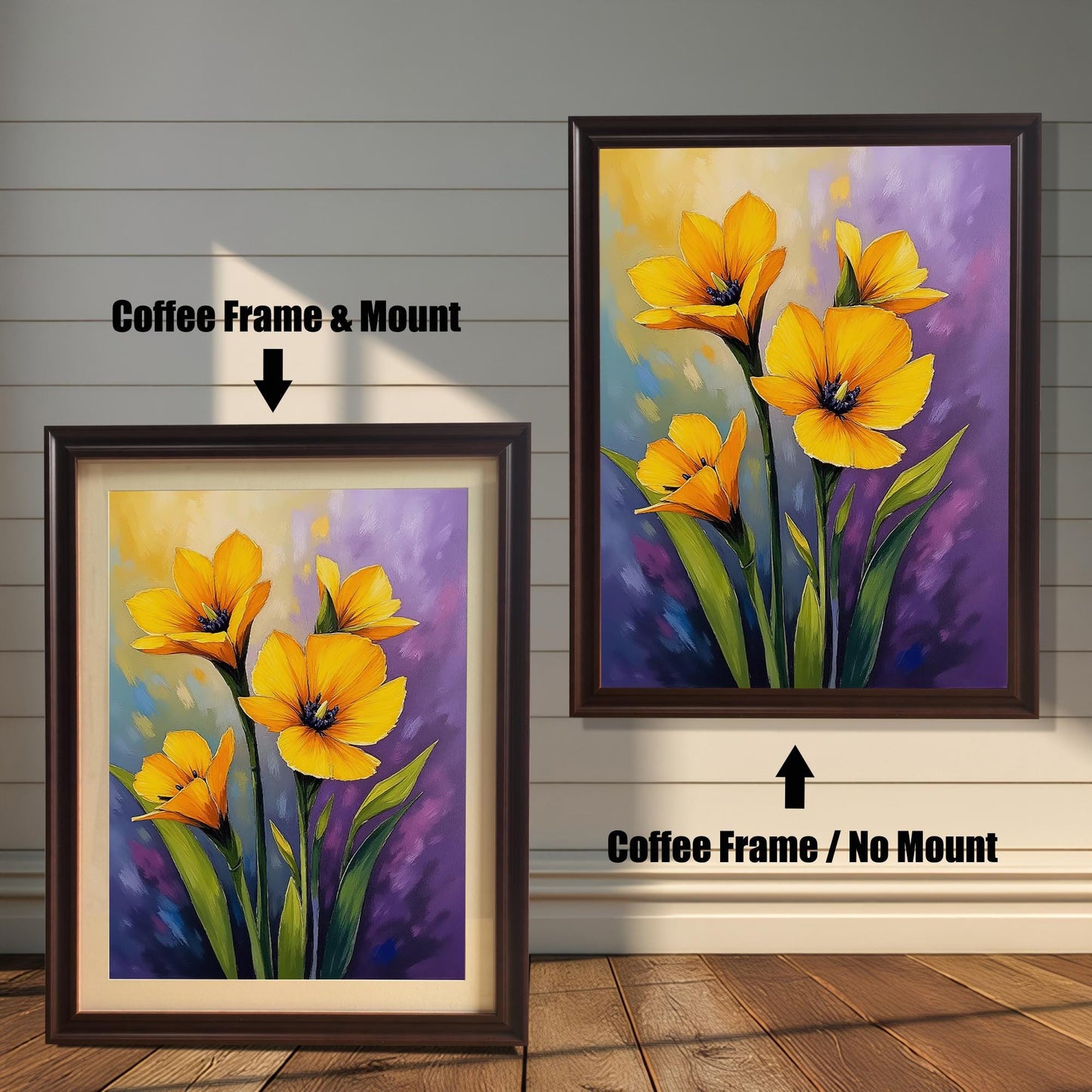 A side-by-side comparison of a floral print. On the left, the print is in a coffee-colored frame with a mount. On the right, it's in a coffee-colored frame without a mount.