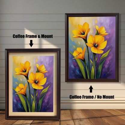 A side-by-side comparison of a floral print. On the left, the print is in a coffee-colored frame with a mount. On the right, it's in a coffee-colored frame without a mount.