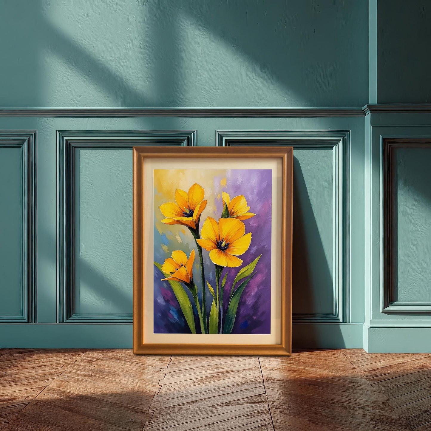 A framed print with an orange frame rests on a wooden floor against a teal-colored wainscoting wall, featuring a painting of yellow flowers on a purple and blue background.