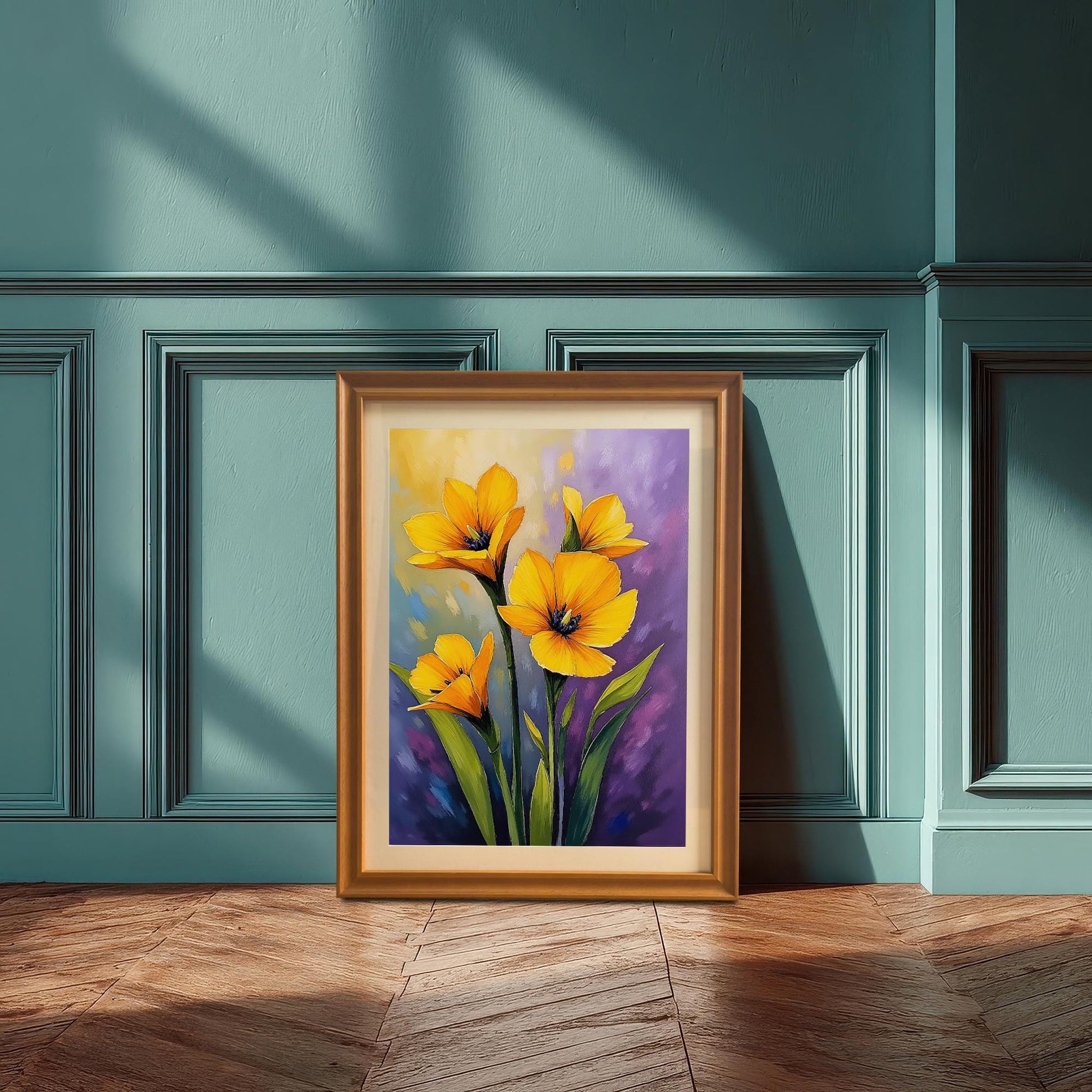 A framed print with an orange frame rests on a wooden floor against a teal-colored wainscoting wall, featuring a painting of yellow flowers on a purple and blue background.