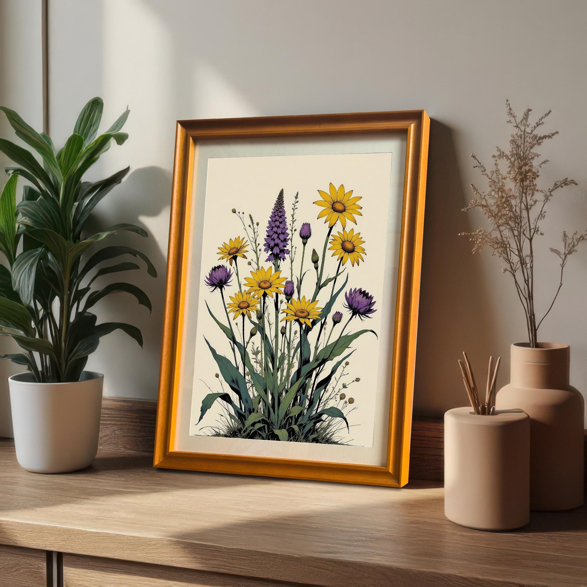 A framed print with an orange frame leans on a wood table next to two plants, featuring a vibrant botanical illustration of yellow and purple flowers.