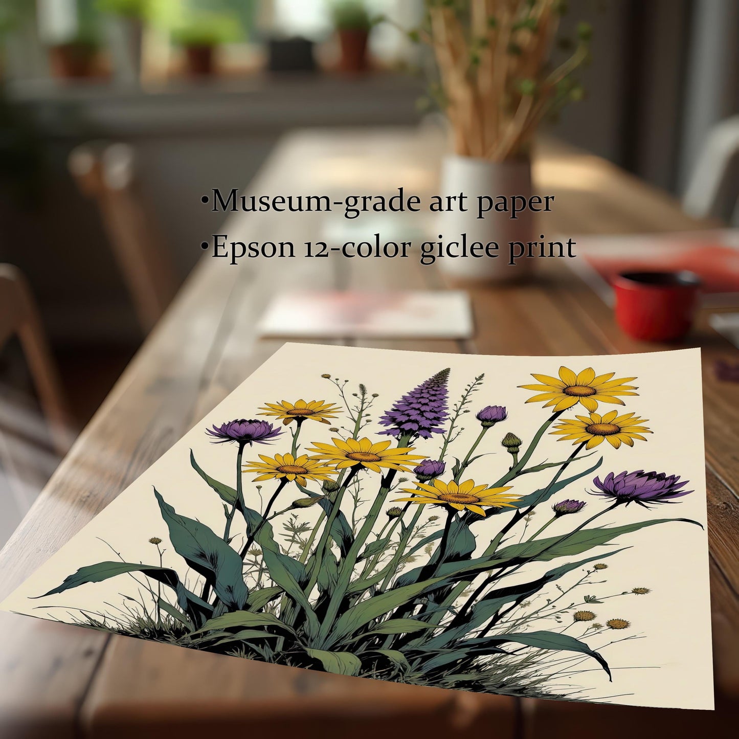 A framed print rests on a wooden table, with text overlay describing it as a museum-grade art paper and an Epson 12-color giclee print.