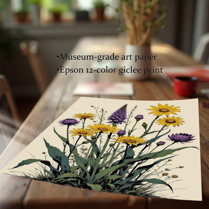 A framed print rests on a wooden table, with text overlay describing it as a museum-grade art paper and an Epson 12-color giclee print.