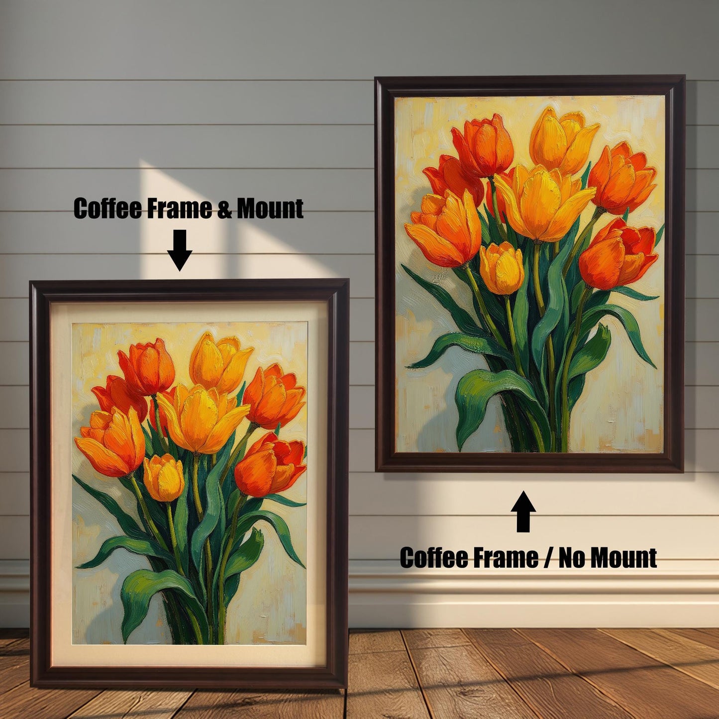 A vibrant painting of orange and yellow tulips, shown in two coffee-colored frames. The one on the left has a mount, and the one on the right hangs without a mount.