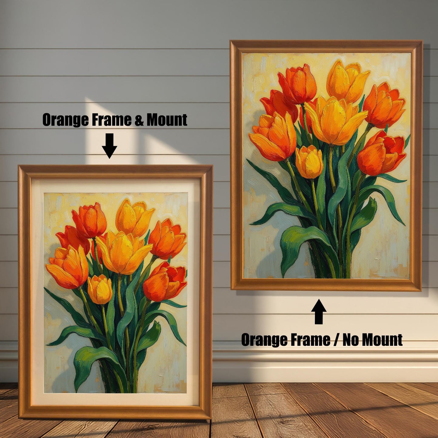 A painting of orange and yellow tulips, shown in two orange-brown frames. The one on the left includes a light mount, while the one on the right shows the full artwork without a mount.