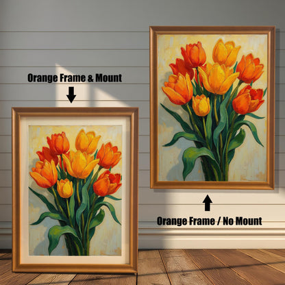 A painting of orange and yellow tulips, shown in two orange-brown frames. The one on the left includes a light mount, while the one on the right shows the full artwork without a mount.
