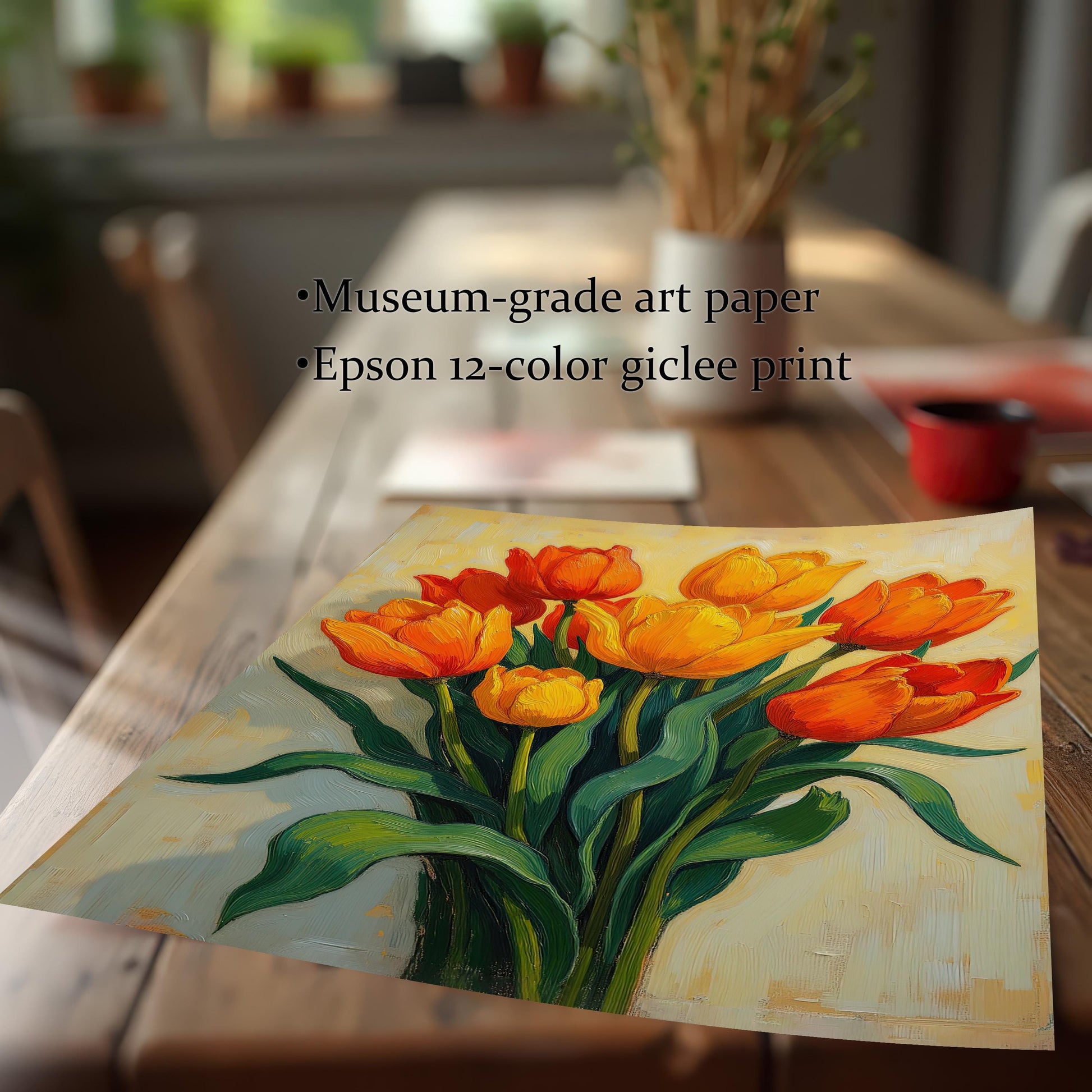 A close-up, angled shot of a painting of orange and yellow tulips lying on a wooden table. Text highlights its quality, noting it's on museum-grade art paper with an Epson giclee print.