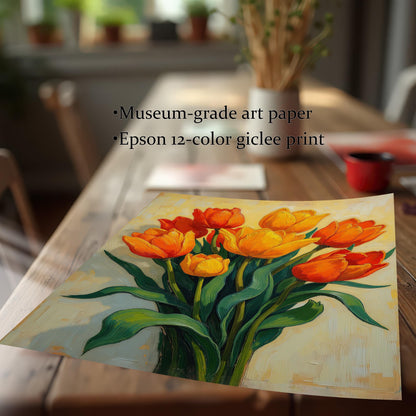 A close-up, angled shot of a painting of orange and yellow tulips lying on a wooden table. Text highlights its quality, noting it's on museum-grade art paper with an Epson giclee print.