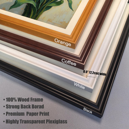 A collection of four frame corners, stacked to show different colors. They are labeled orange, coffee, white, and black. Text lists features like 100% wood and highly transparent plexiglass.