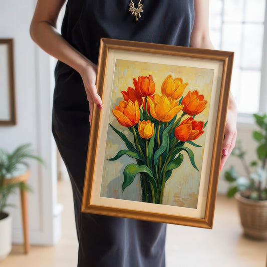A person dressed in black holds up a framed painting of a bouquet of orange and yellow tulips. The frame is a light, golden-brown wood.