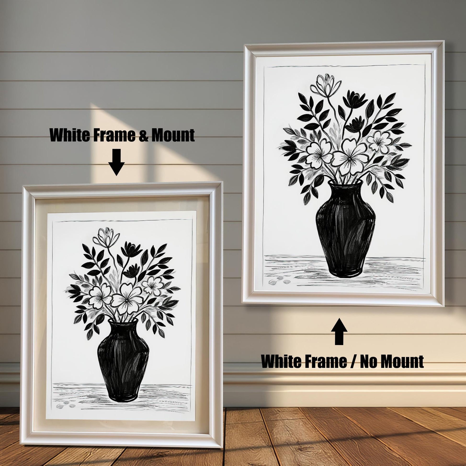 A black and white drawing of flowers in a vase, shown in two white frames. The first frame includes a mount, while the second shows the artwork without one.