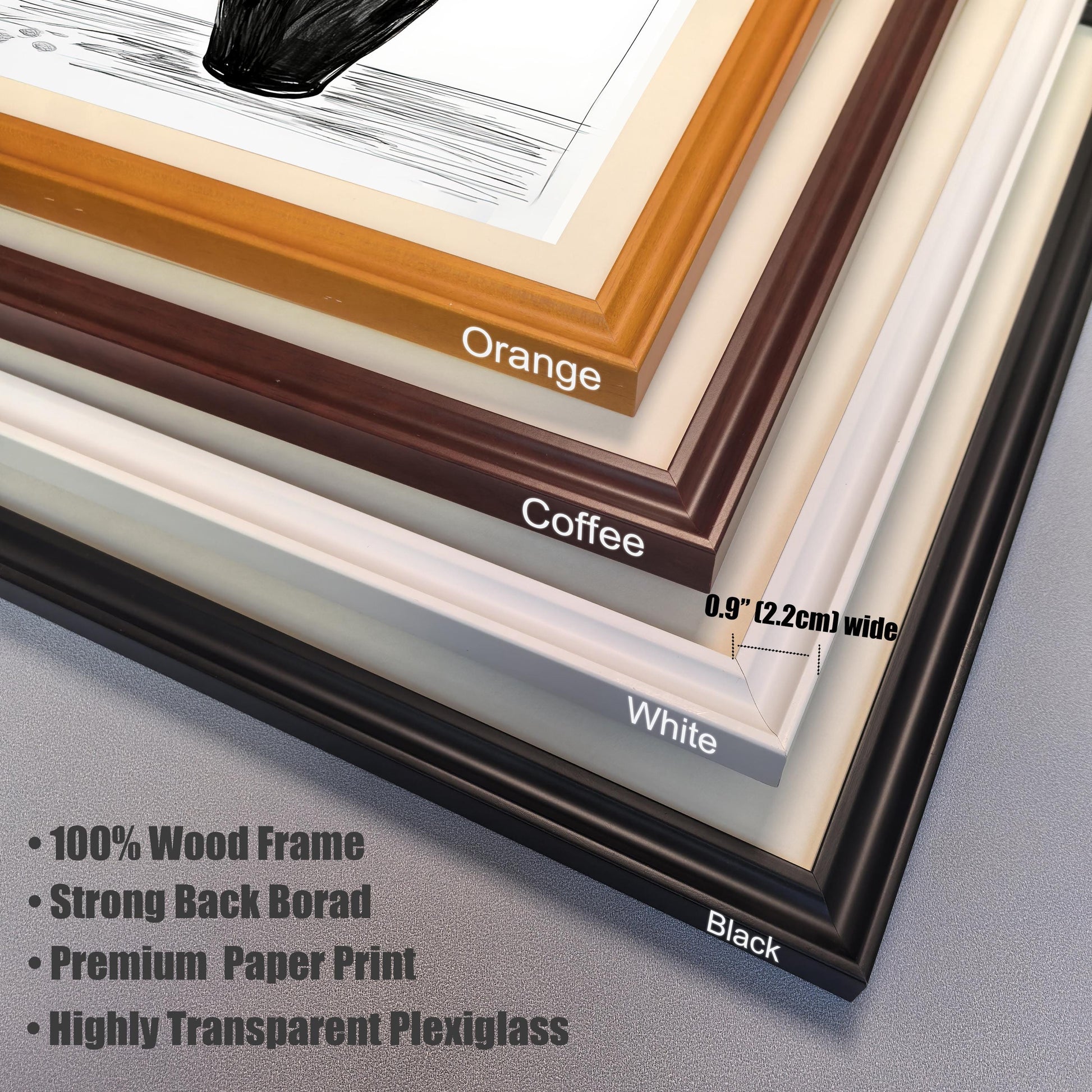 A collection of four frame corners, stacked to show different colors. They are labeled orange, coffee, white, and black. Text lists features like 100% wood and highly transparent plexiglass.