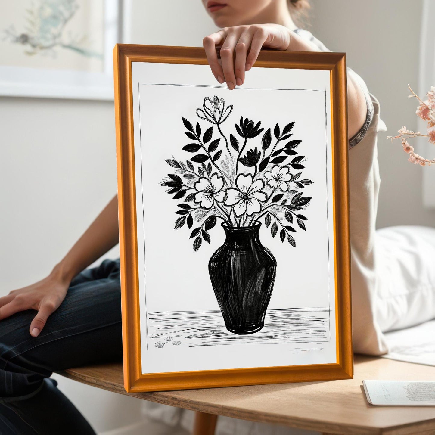 A person holds a framed drawing of a bouquet of flowers. The frame is a light, natural wood color. The person is sitting on a wooden bench in a sunlit room.
