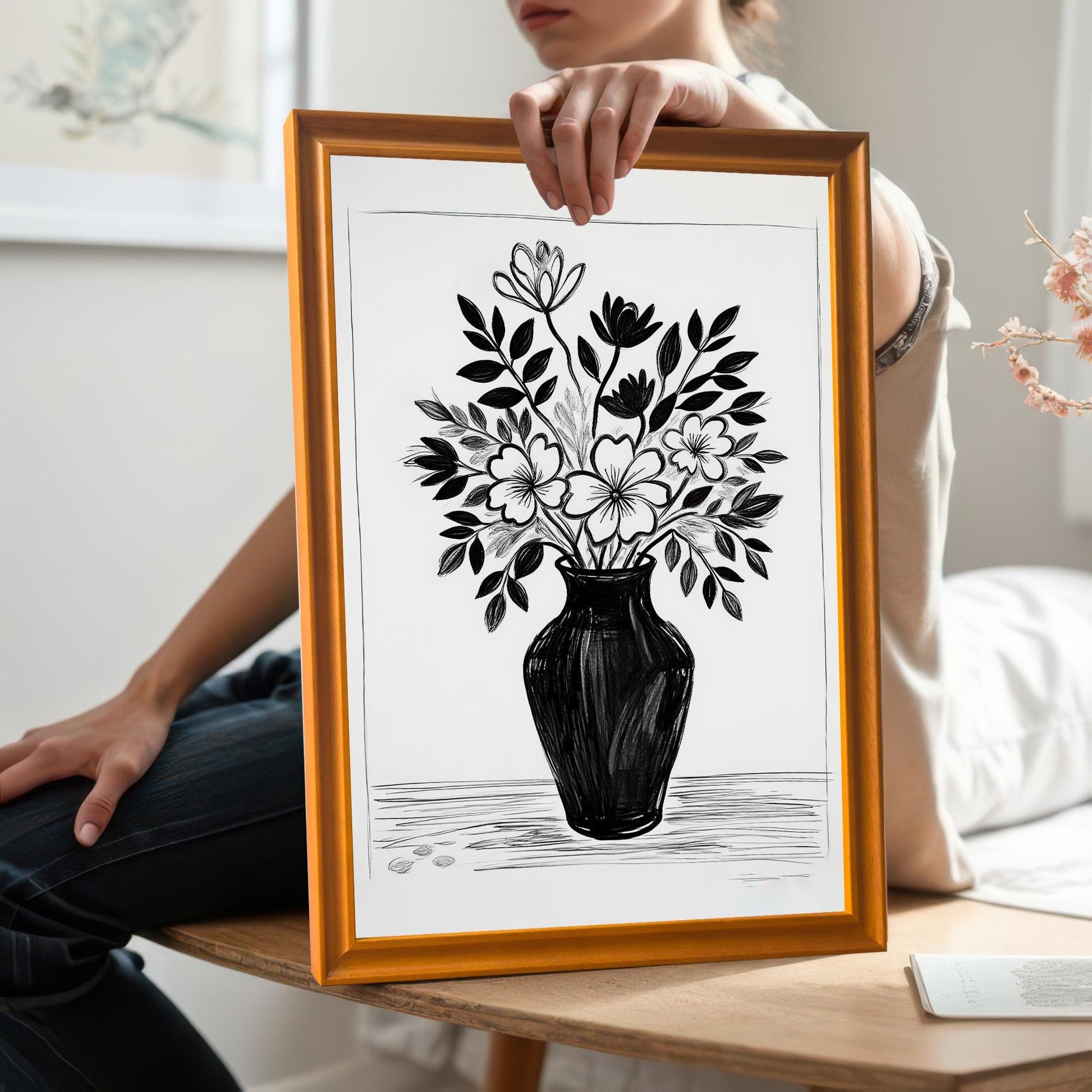A person holds a framed drawing of a bouquet of flowers. The frame is a light, natural wood color. The person is sitting on a wooden bench in a sunlit room.