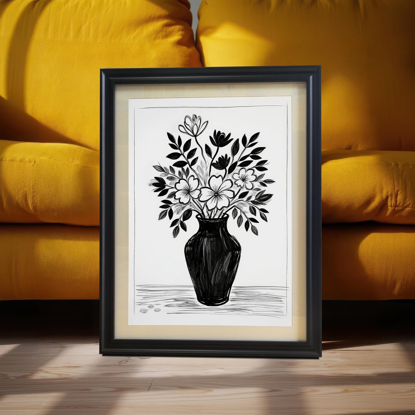 A black-framed drawing of a bouquet of flowers leaning against a bright yellow couch. Sunlight casts a shadow from a plant on the couch and wall.