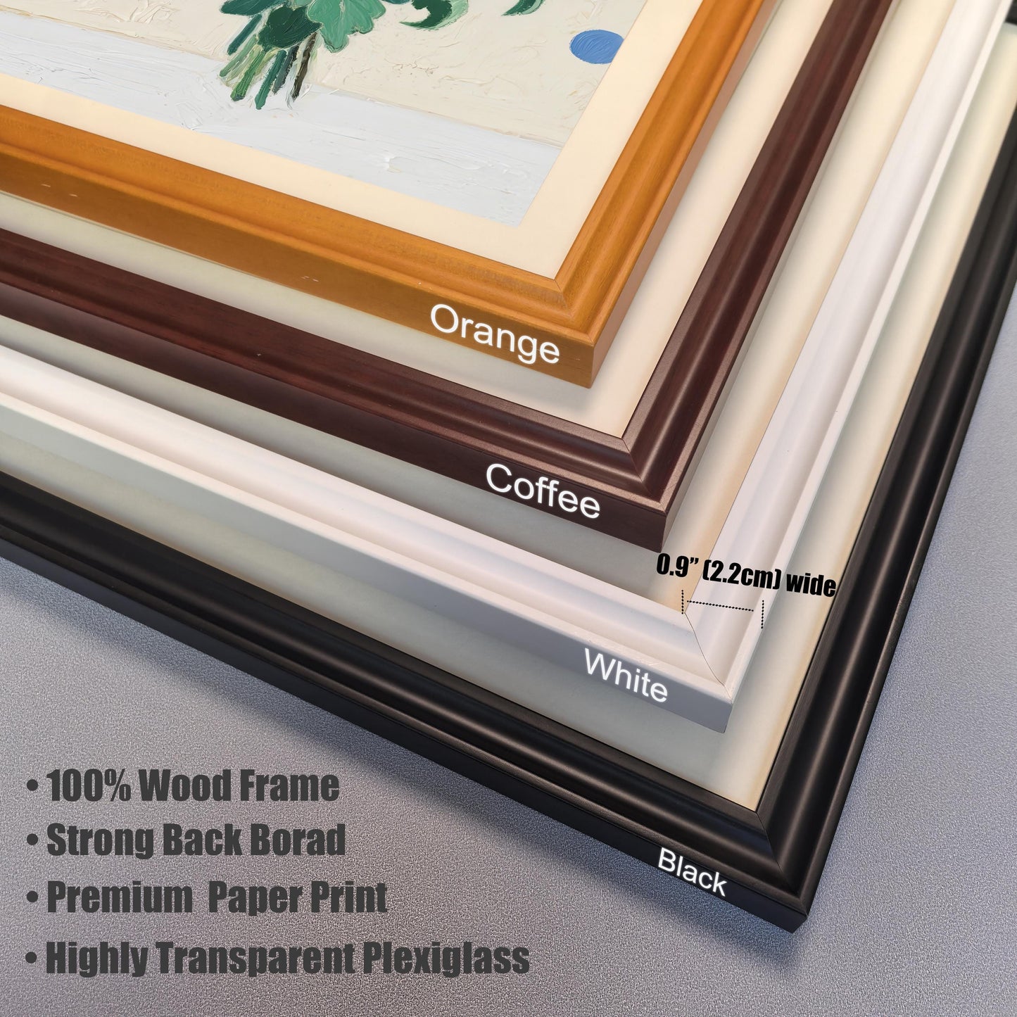 A collection of four frame corners, stacked to show different colors. They are labeled orange, coffee, white, and black. Text lists features like 100% wood and highly transparent plexiglass.