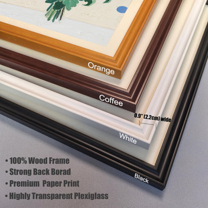 A collection of four frame corners, stacked to show different colors. They are labeled orange, coffee, white, and black. Text lists features like 100% wood and highly transparent plexiglass.