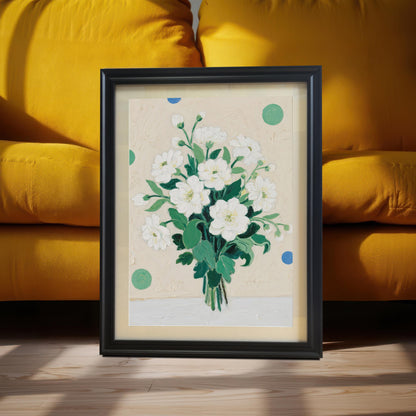 A black-framed painting of a bouquet of white flowers leaning against a bright yellow couch on a wooden floor. Sunlight casts shadows on the floor.