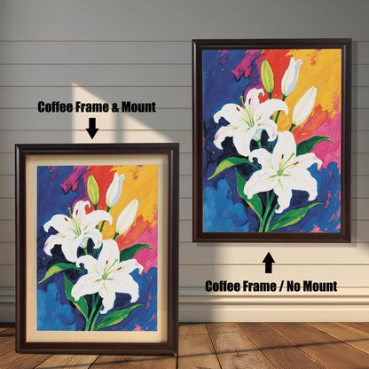 vibrant painting of white lilies, shown in two coffee-colored frames. The one on the left includes a light mount, while the one on the right shows the full artwork.