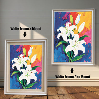 A vibrant painting of white lilies, displayed in two white frames. The first frame includes a white mount, while the second shows the artwork edge-to-edge.