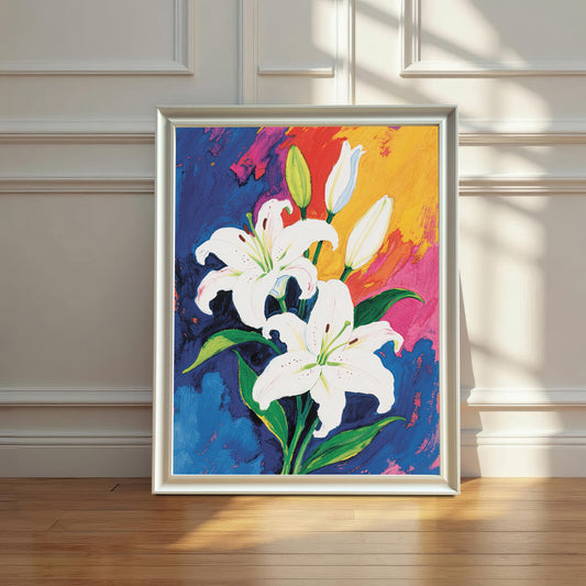 A painting of white lilies and colorful, abstract shapes in a wide, white frame, leaning against a white paneled wall on a wooden floor. Natural light streams in from the side.