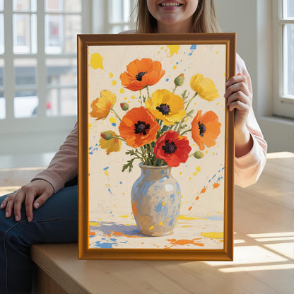 A person holding up a framed print of orange and yellow flowers in a vase, with a wooden frame and white mat.