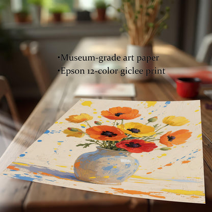 A close-up, angled view of an unframed print of orange and yellow flowers lying on a wooden table, highlighting its museum-grade art paper and giclee printing.