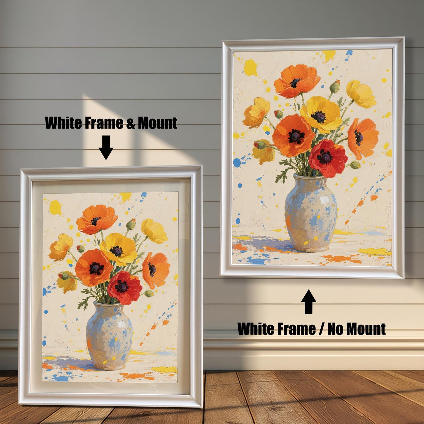 A side-by-side comparison of two framed flower prints. The one on the left has a white frame and a mat. The one on the right has a white frame with no mat.