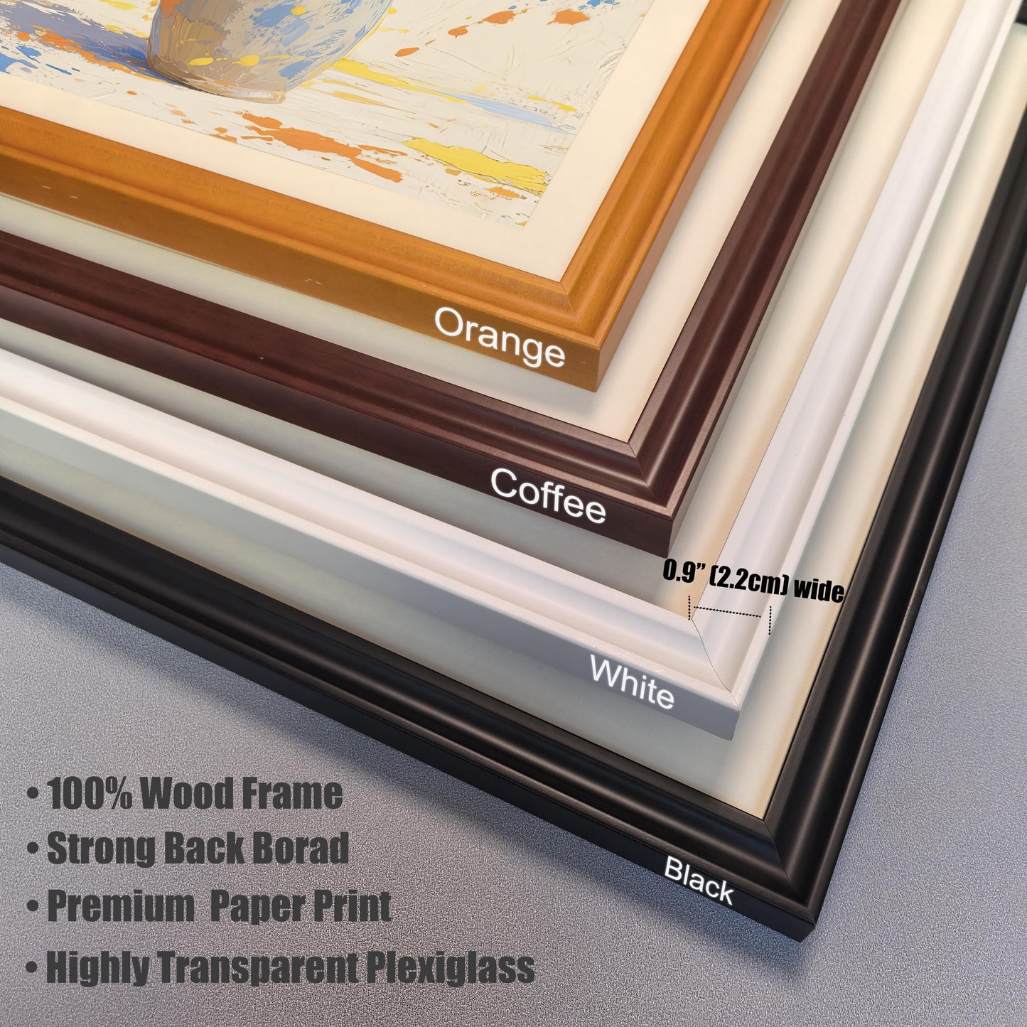 A close-up view of the four frame color options—Orange, Coffee, White, and Black—stacked on top of each other, with details on material and dimensions.