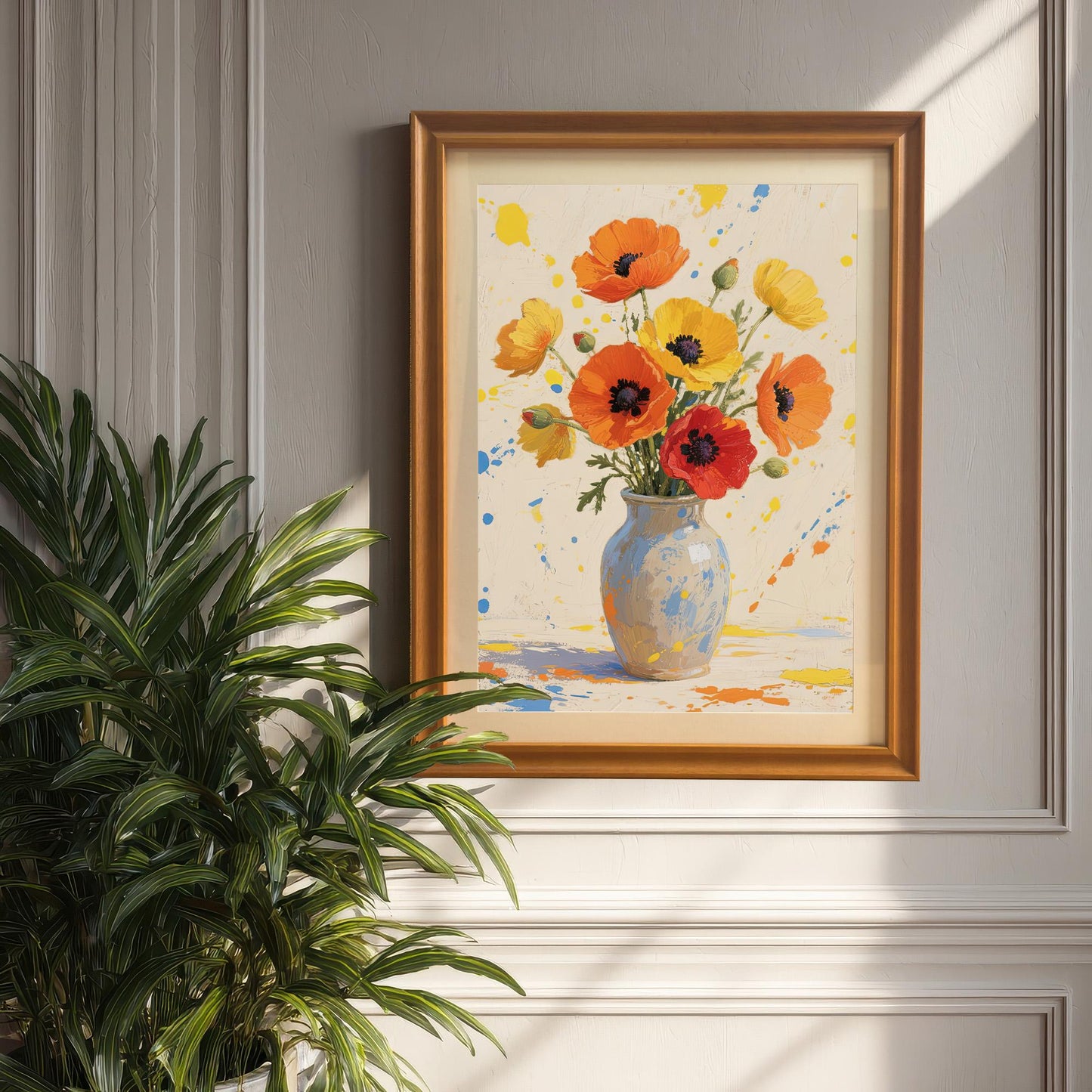 A framed flower print with a black frame hanging on a wall next to a houseplant.