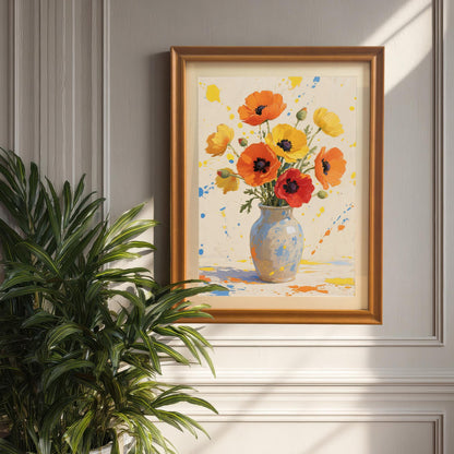 A framed flower print with a black frame hanging on a wall next to a houseplant.